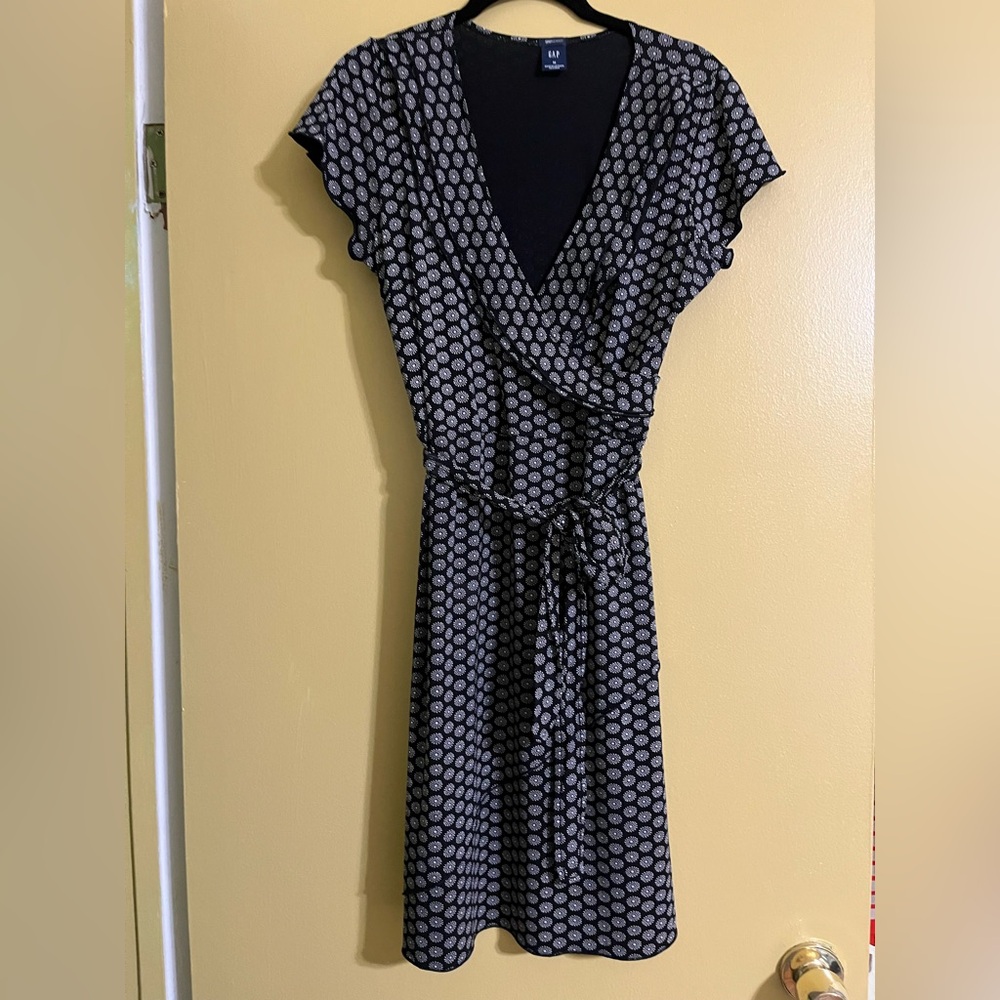 GAP Black Dress with White Dot Print Midi Wrap